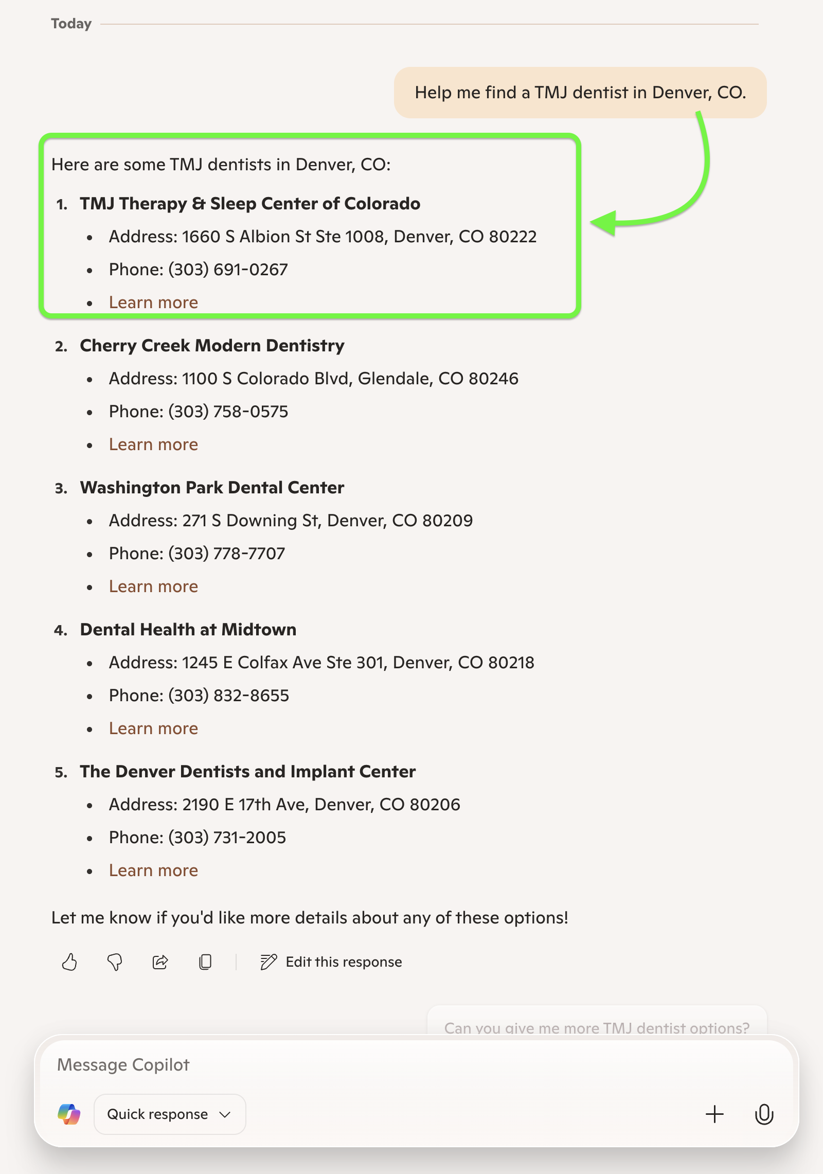 Screenshot of Copilot listing TMJ dentists in Denver, CO, with names, addresses, and phone numbers.